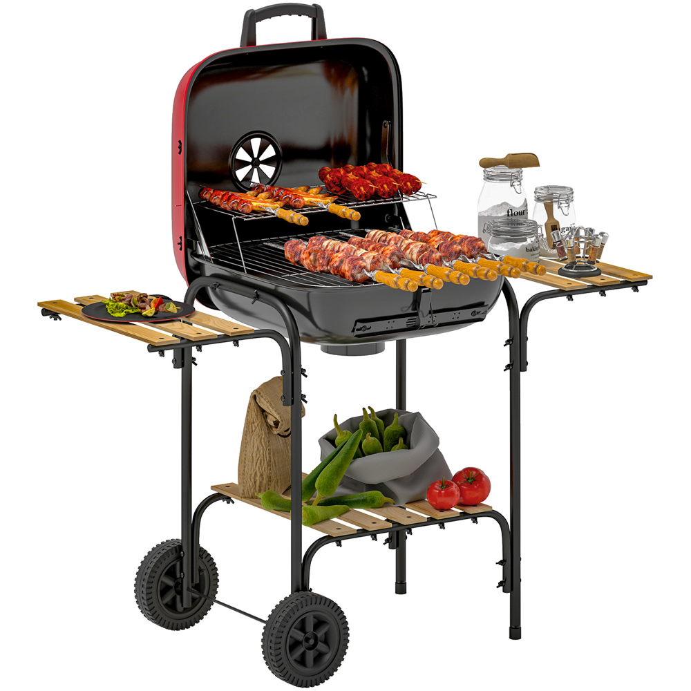Outsunny Red Charcoal Barbecue Grill - Lockable Lid - Vent - 1840cm² Grilling Area