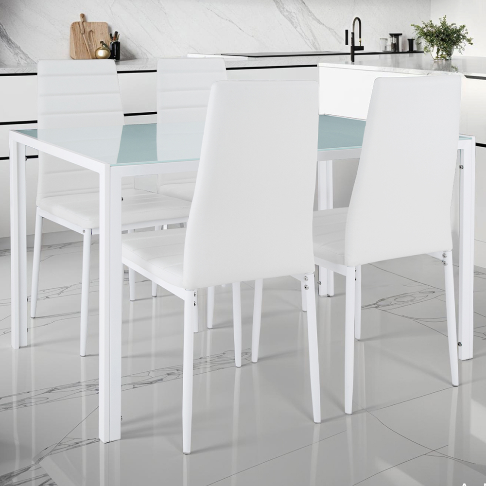 tectake Berlin 4 Seater White Faux Leather Dining Table Set