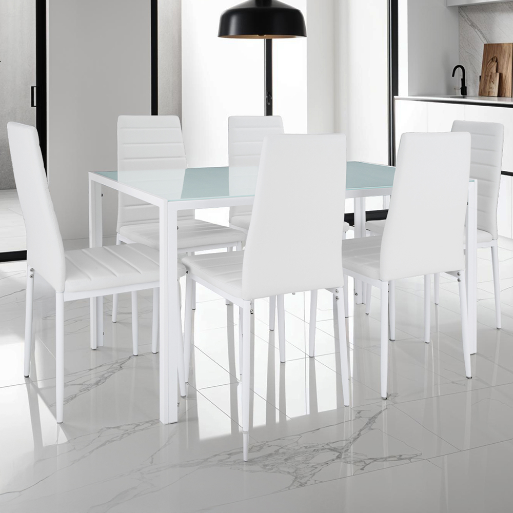 tectake Brandenburg 6 Seater White Faux Leather Dining Table Set