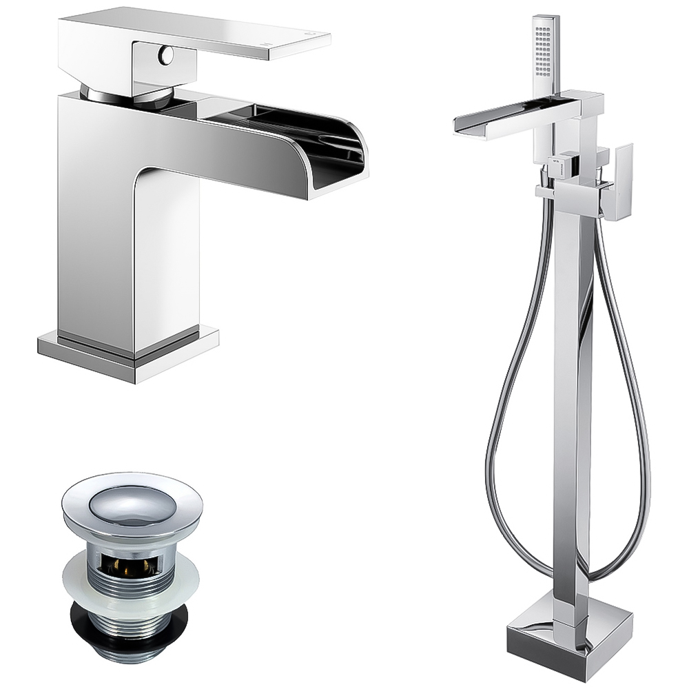 Nes Home Ion Waterfall Chrome Freestanding Bath Shower Mixer and Basin Tap with Waste