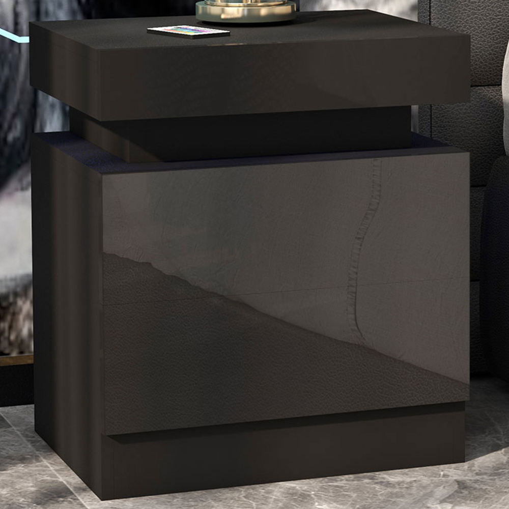 Portland 2 Drawer Black High Gloss Bedside Table with LED Light