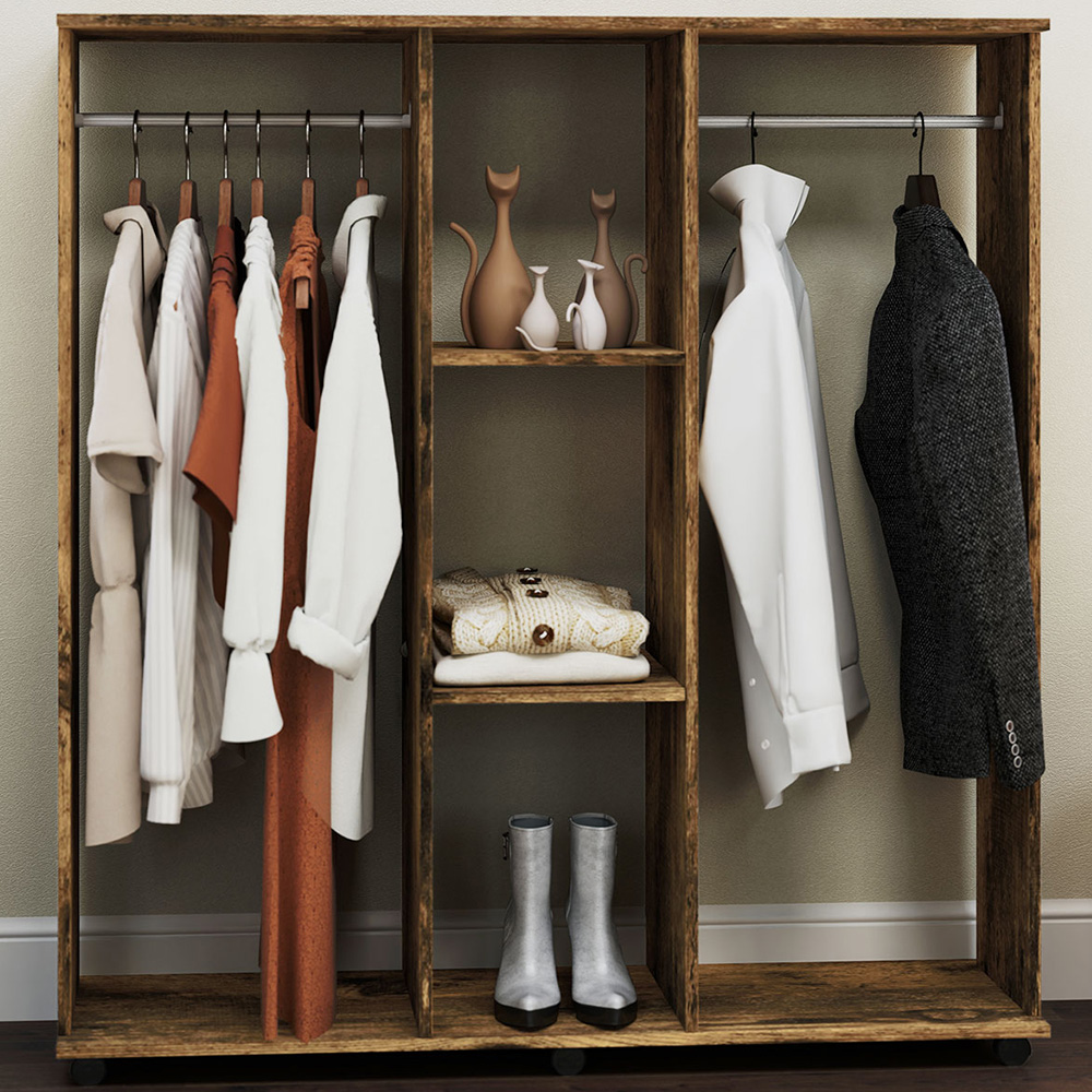 Portland Double Open Wardrobe - Rustic Brown - 3 Shelf - Hanging Rail - Aluminium