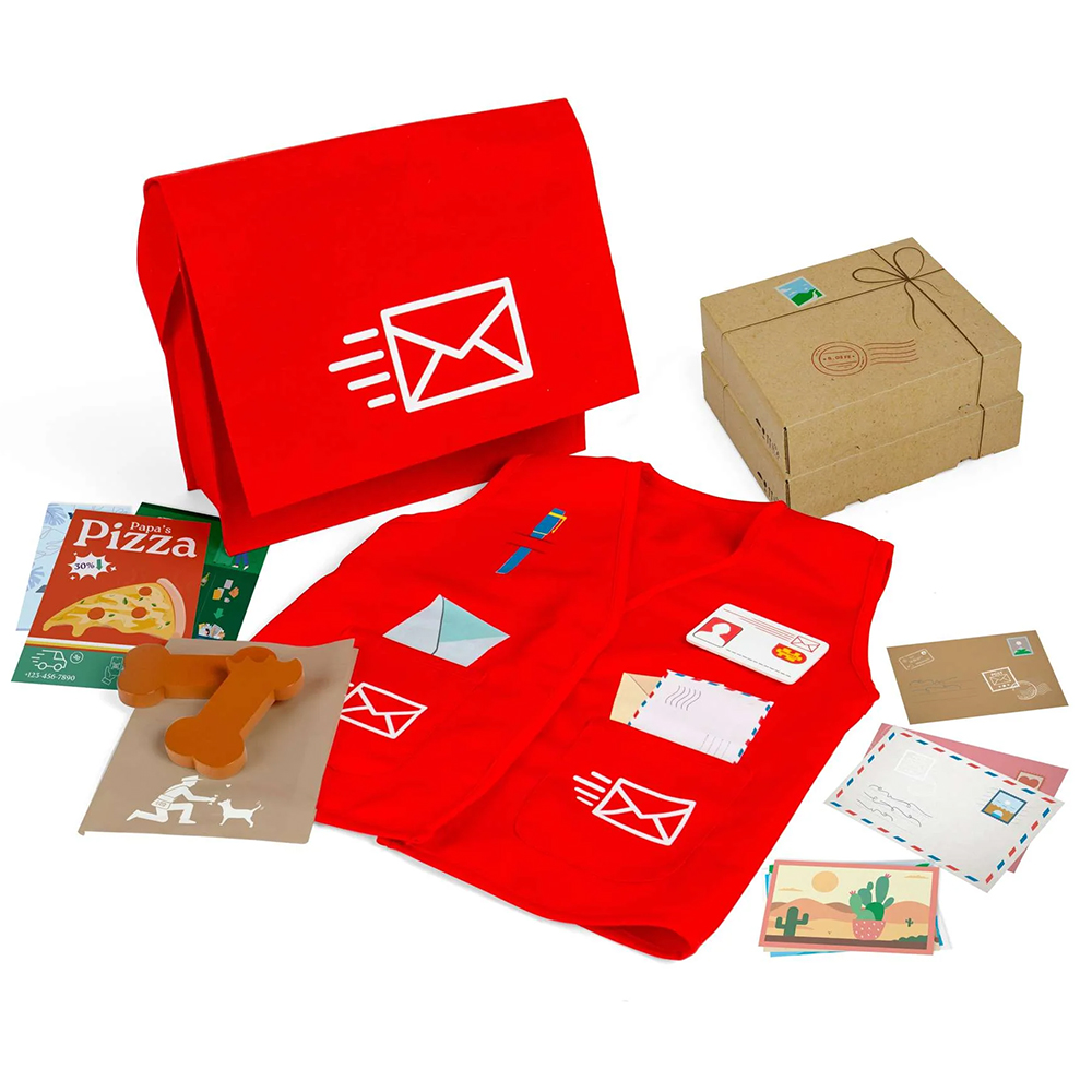 Bigjigs Toys Kids Mail Carrier Postie Costume Dress Up Playset - Red