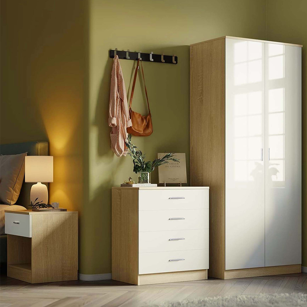 Brooklyn 3 Piece Oak and White High Gloss Bedroom Furniture Set
