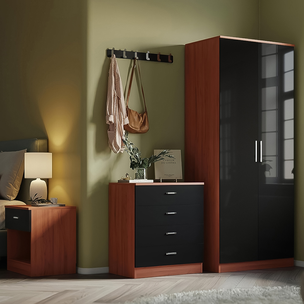 Brooklyn 3 Piece Walnut and Black High Gloss Bedroom Furniture Set