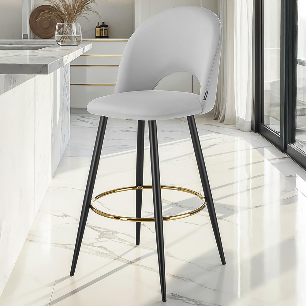 tectake Rachel Light Grey and Black Velvet Look Bar Stool Set of 6