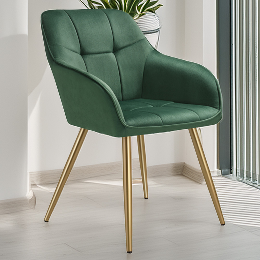 tectake Marilyn Set of 4 Dark Green and Gold Quilted Velvet Chair