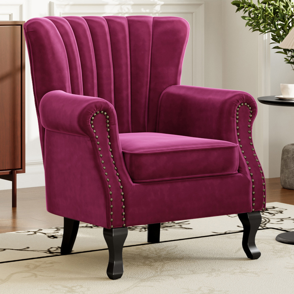 Living and Home Vintage Wine Red Velvet Wingback Armchair with Studs