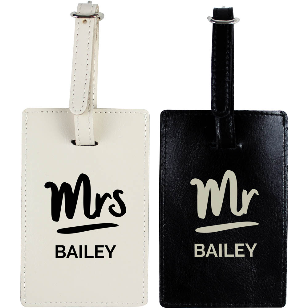 Personalised Mr & Mrs Luggage Tag Set - Leather - Black & Cream - Honeymoon Travel - Couples Gift