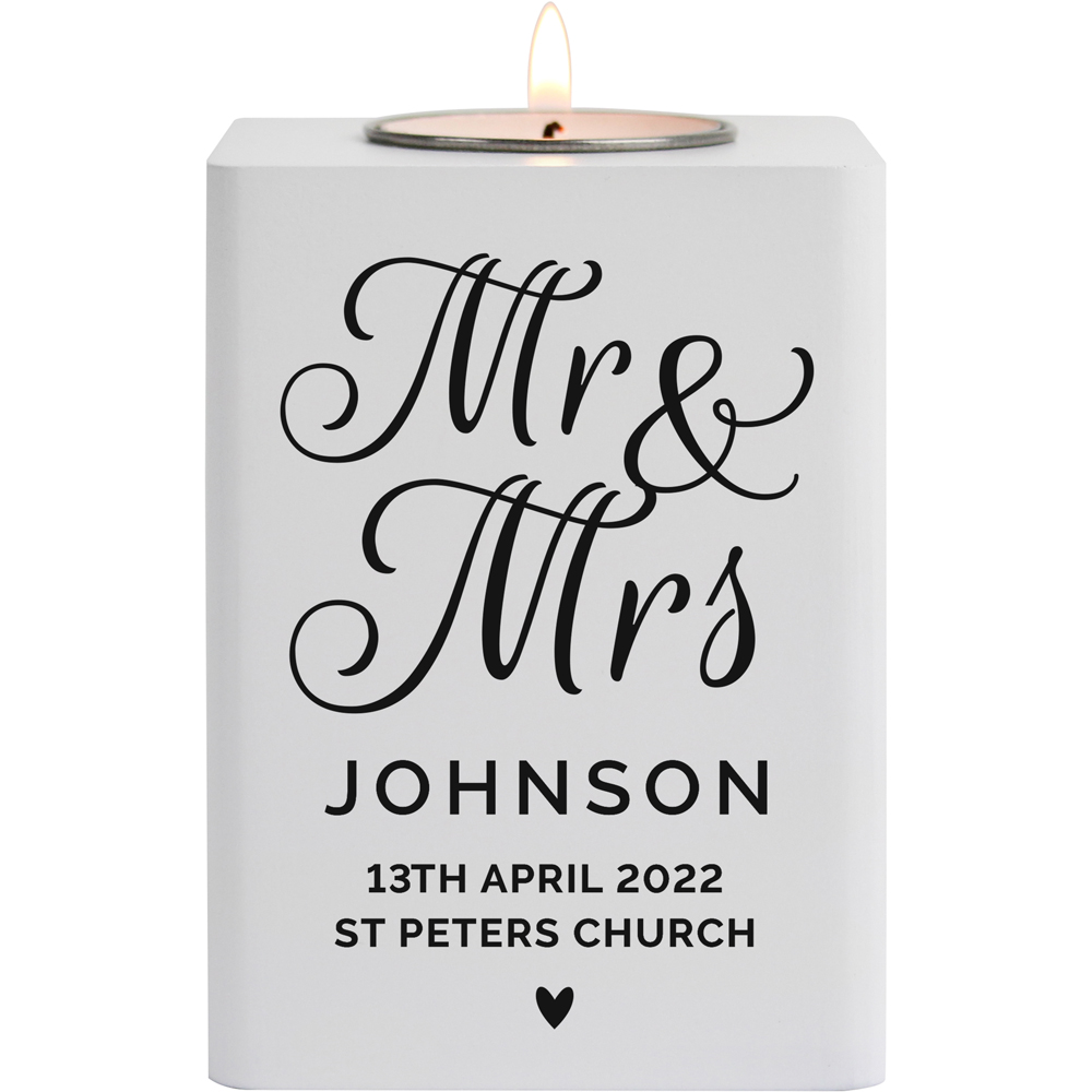 Personalised Memento Personalised Mr and Mrs White Wooden Tea Light Holder