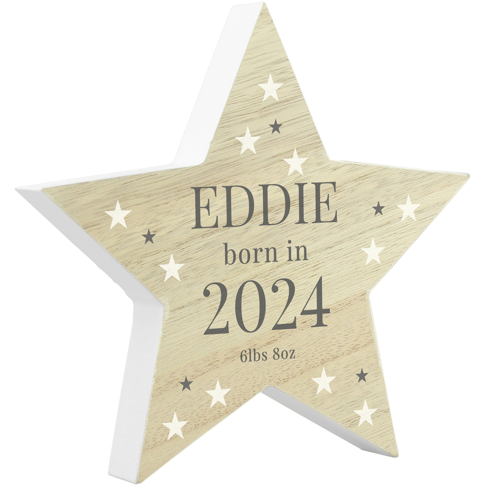 Personalised Memento Born In Wooden Star Ornament