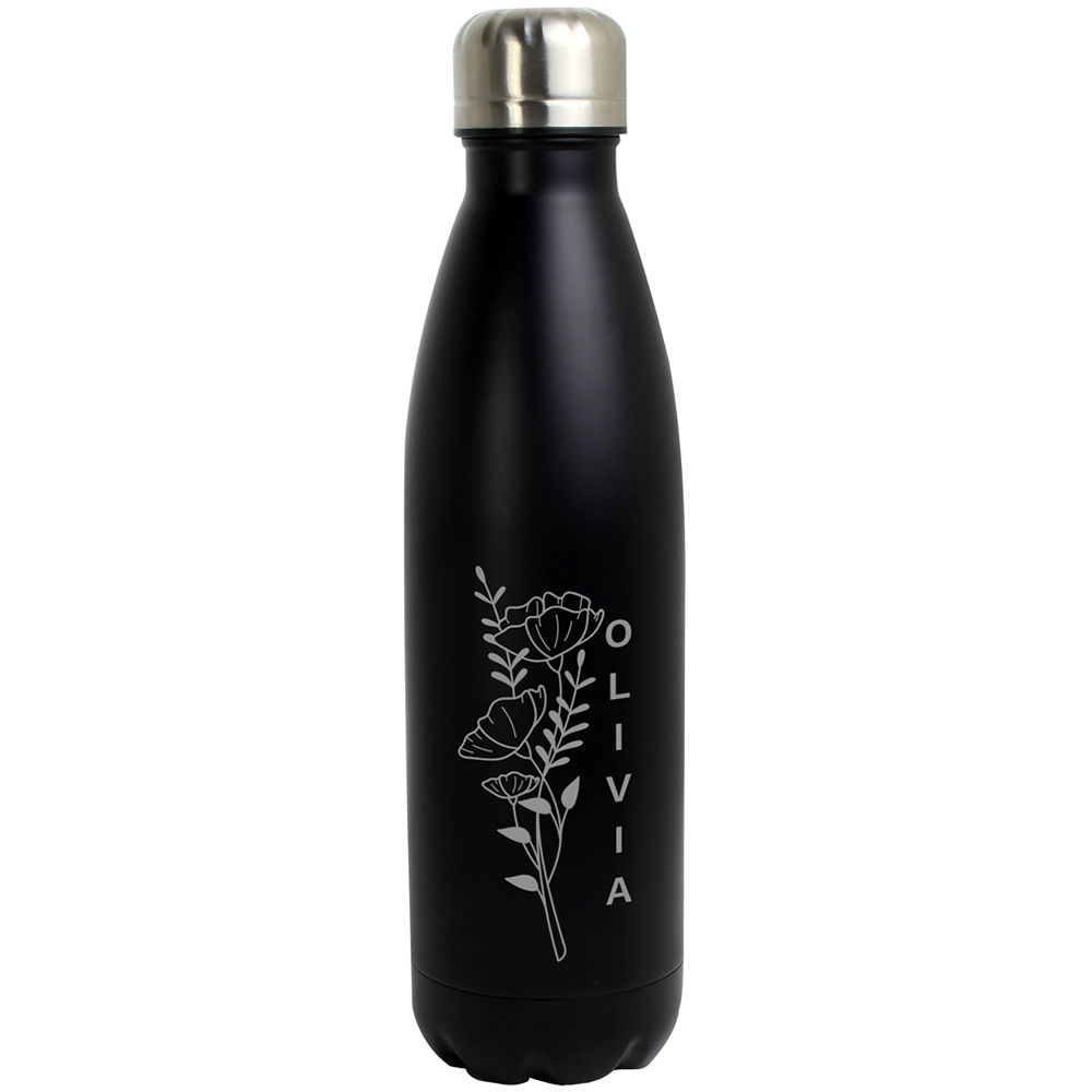 Personalised Memento Floral Black Metal Insulated Drinks Bottle 500ml