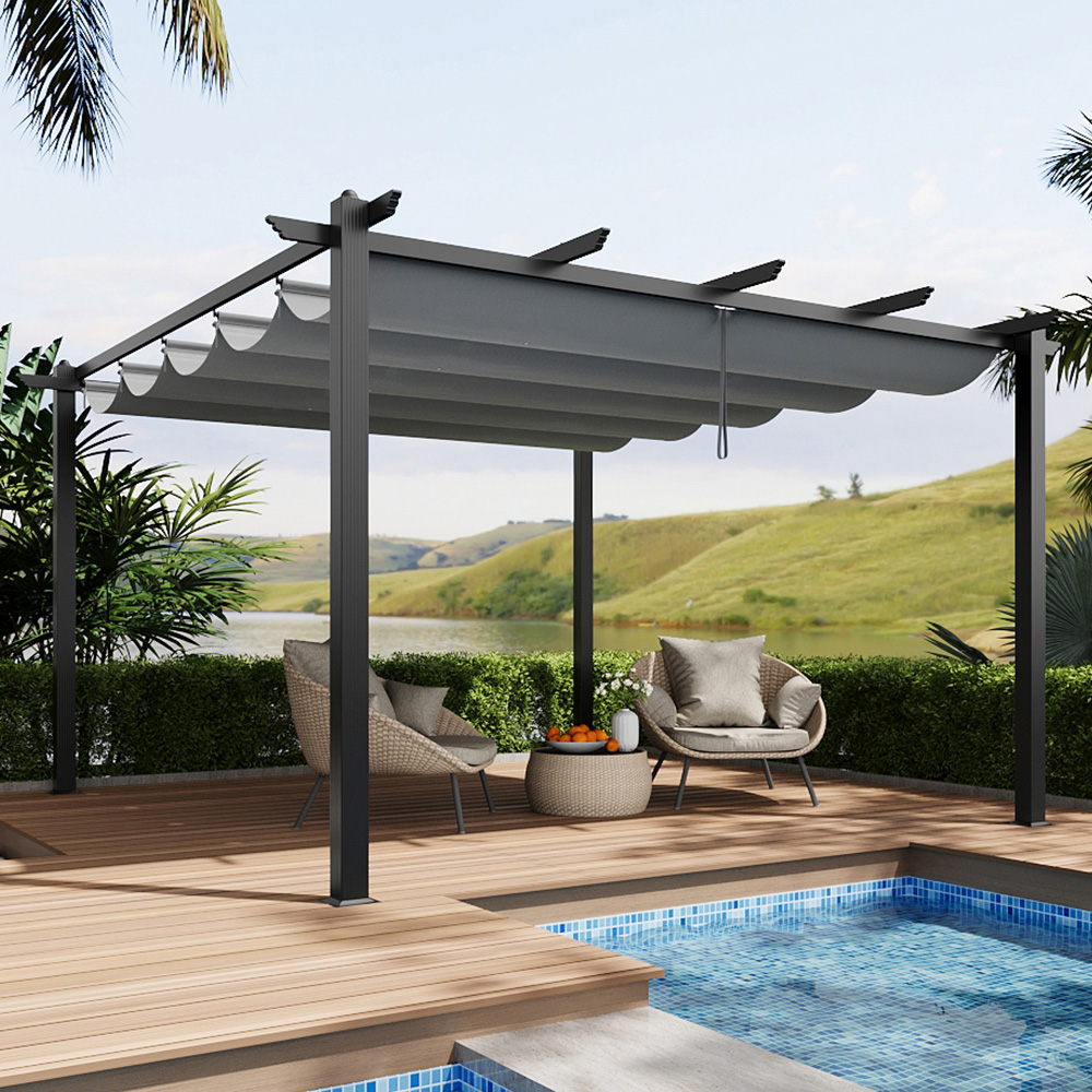 Living and Home 4 x 4m Light Grey Aluminium Pergola with Retractable Roof