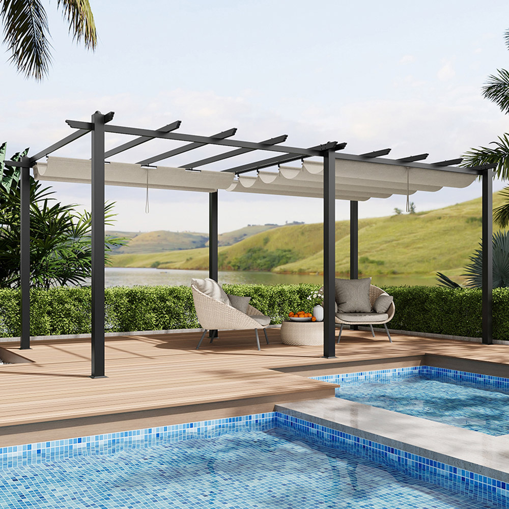 Living and Home 6 x 3m Beige White Aluminium Pergola with Retractable Roof