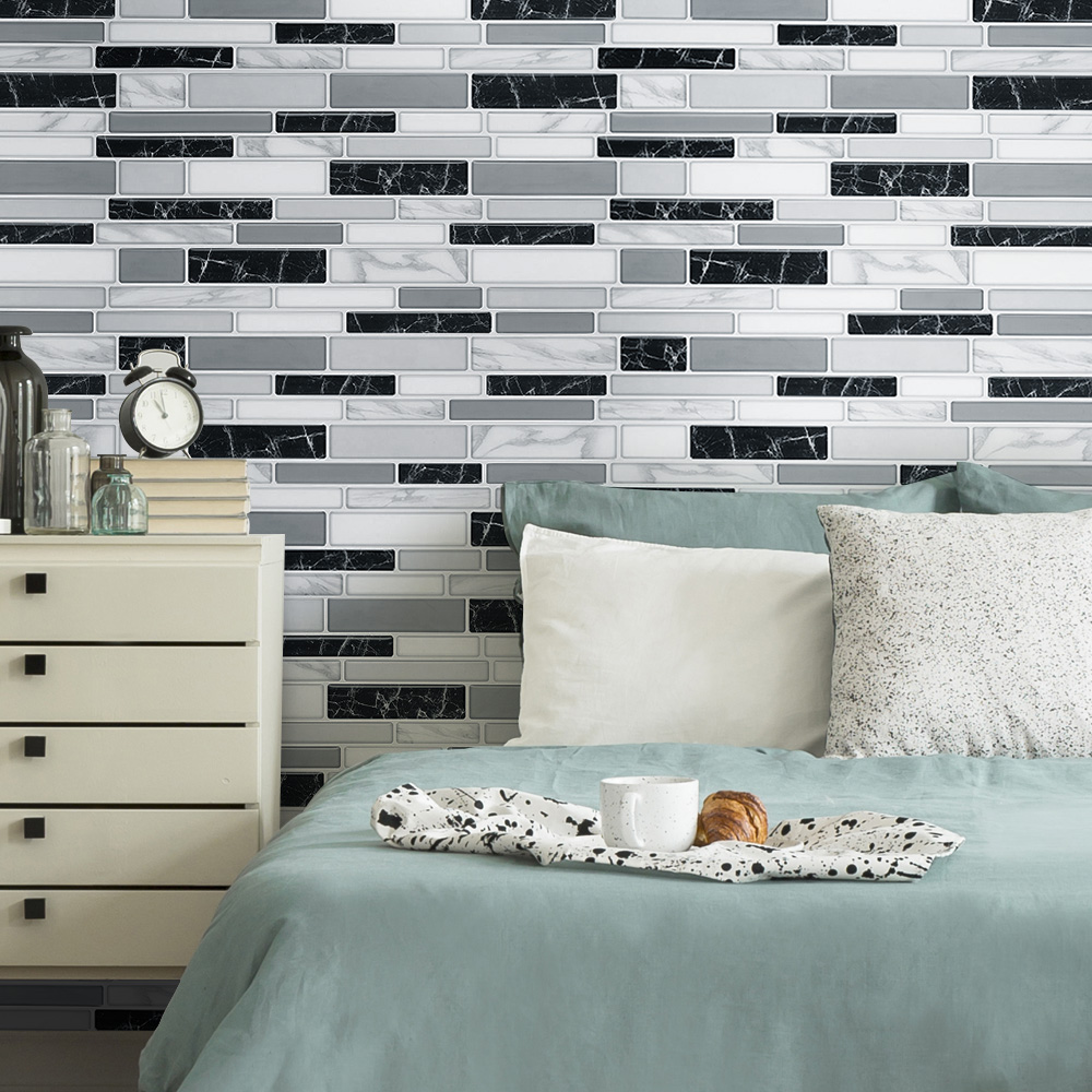 Living and Home Brick Effect Black and Grey Self Adhesive Wall Tile Sticker 10 Pack