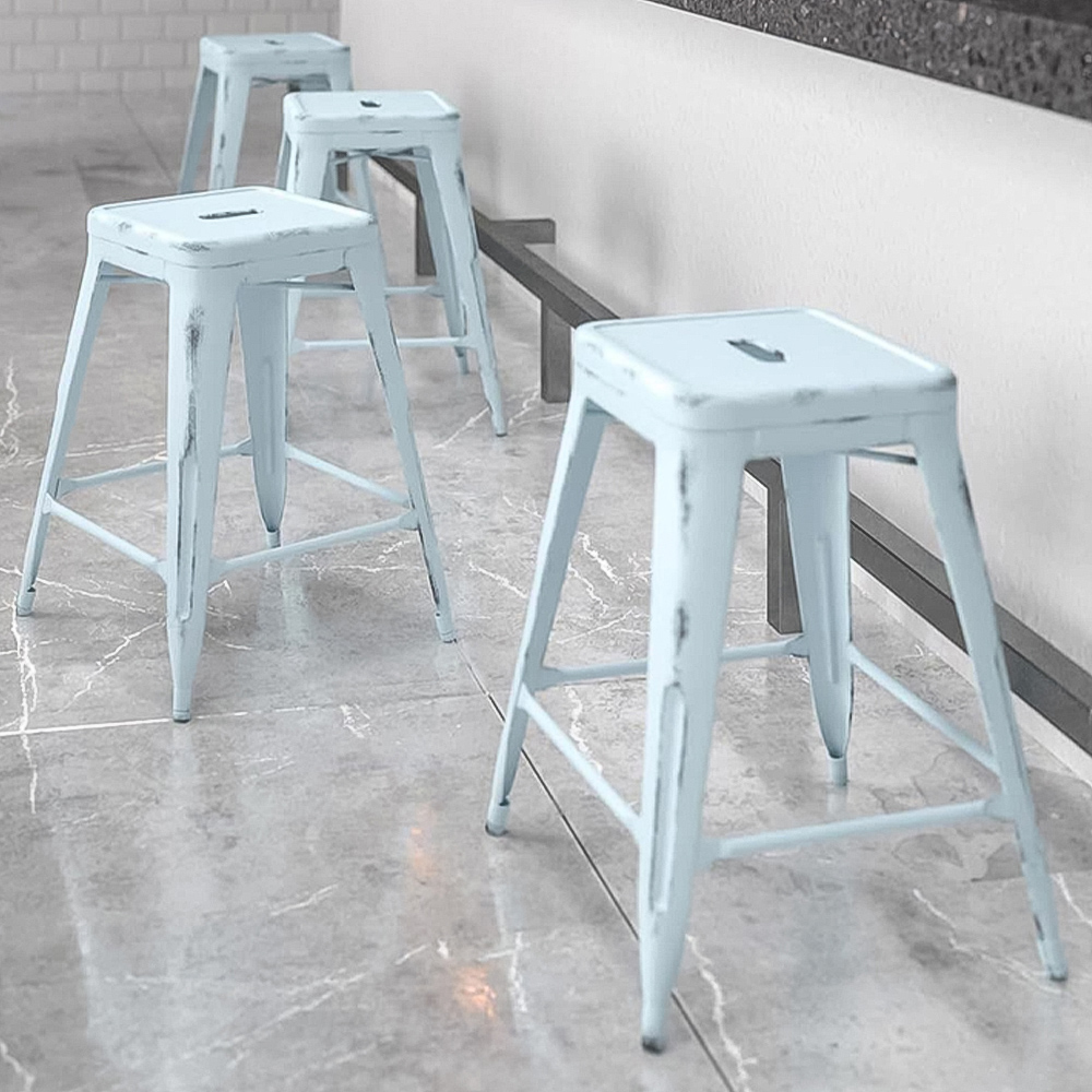 FWStyle Pastel Blue Assembled Steel Bar Stool Set of 4
