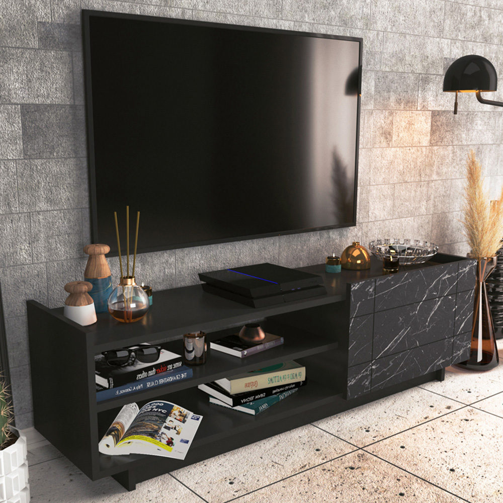 Decorotika Valantina Single Door 2 Shelf Black Marble Effect and Black TV Unit