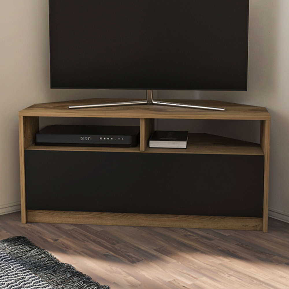 Decorotika Comero Single Door 2 Shelf Oud and Black Corner TV Unit