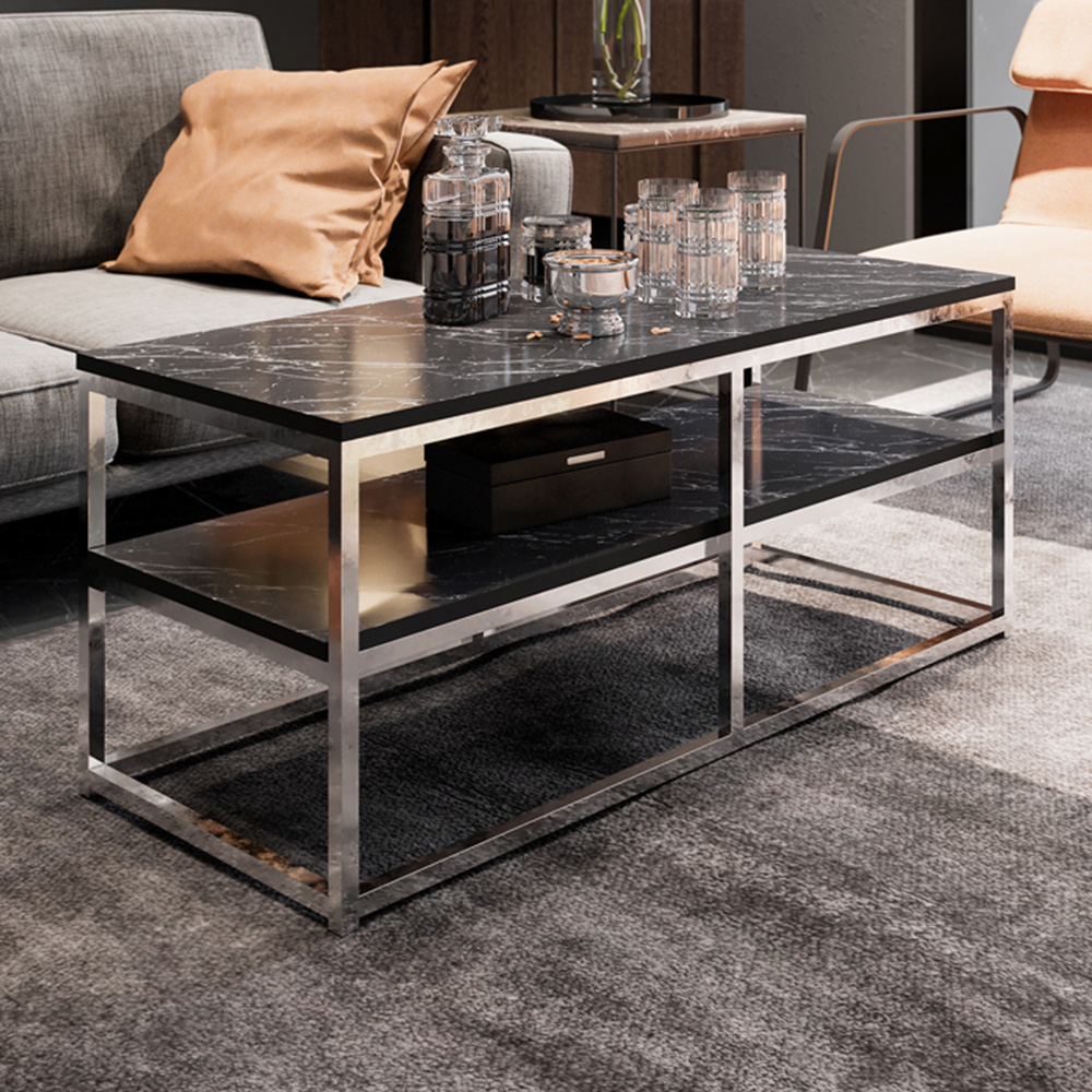 Decorotika Forteus Single Shelf White Black Marble Effect and Chrome Coffee Table with Metal Legs