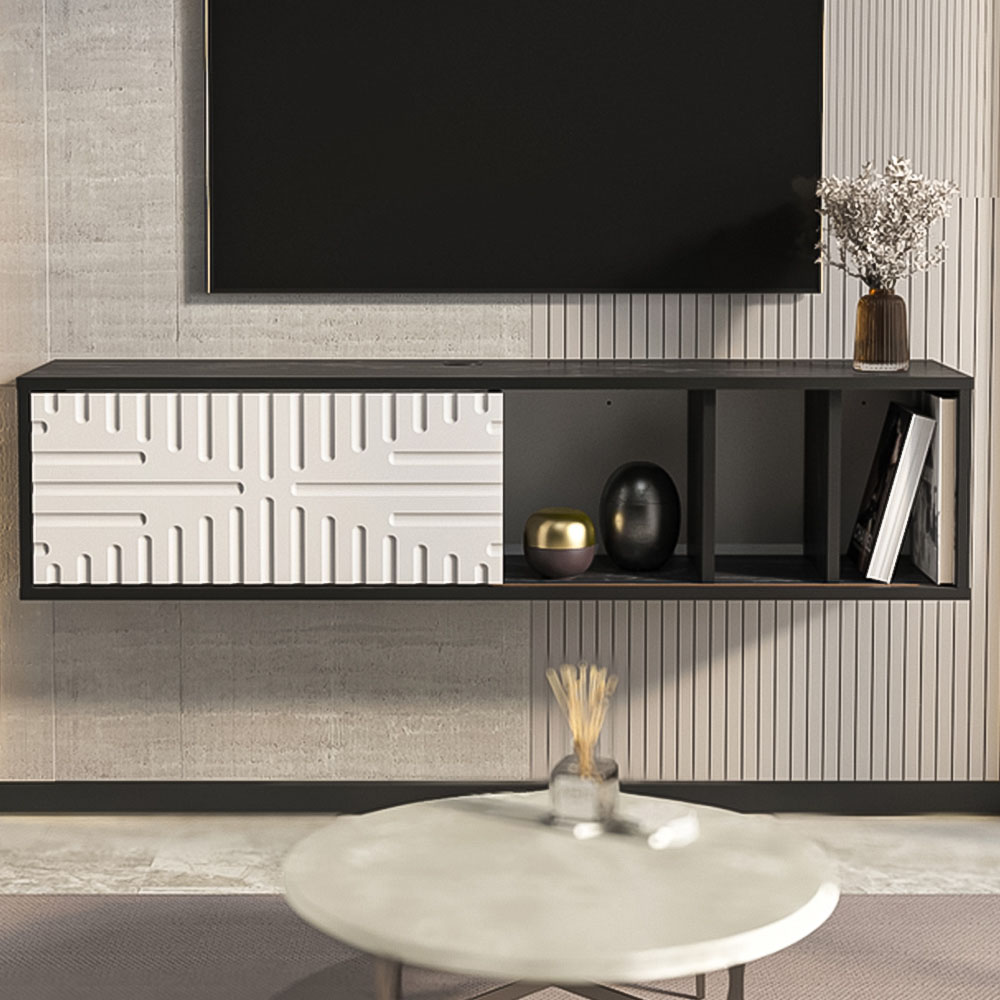 Decorotika Single Door 3 Shelf Black Marble and White Floating TV Unit