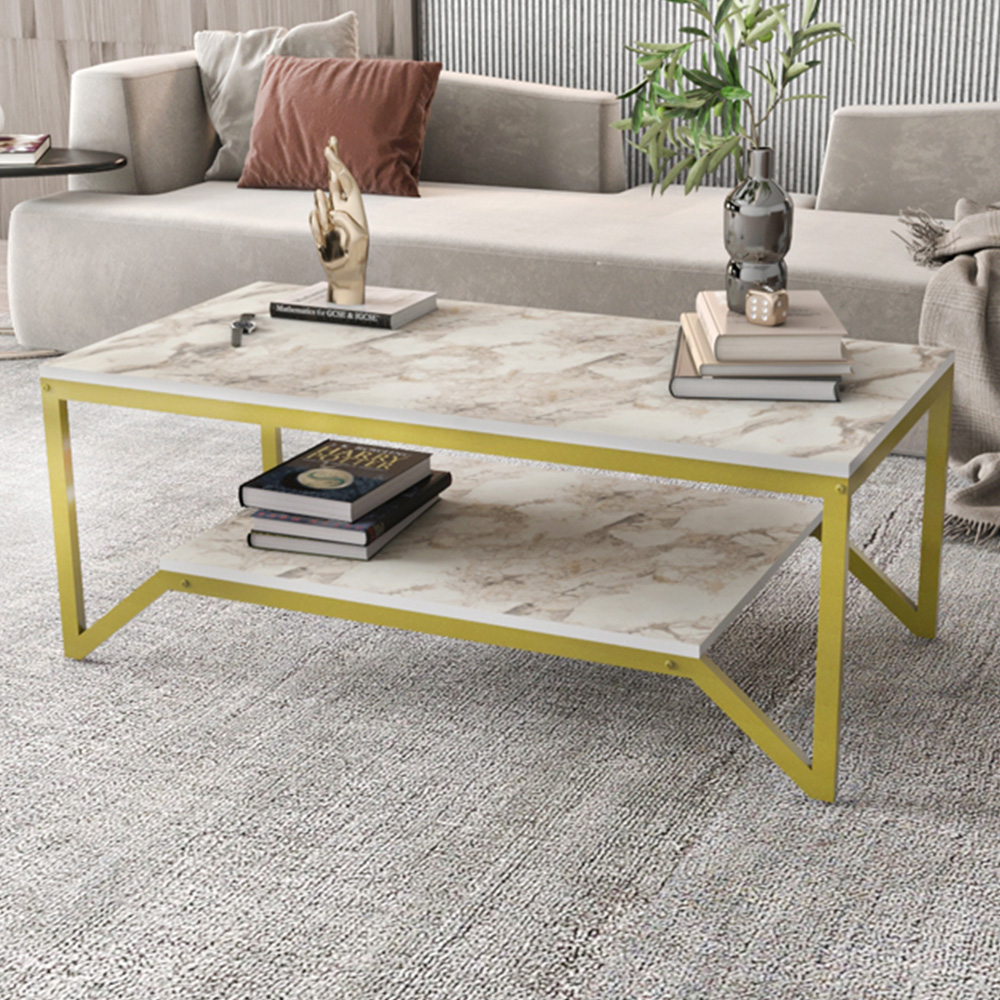 Decorotika Flora Single Shelf White Marble and Gold Modern Coffee Table