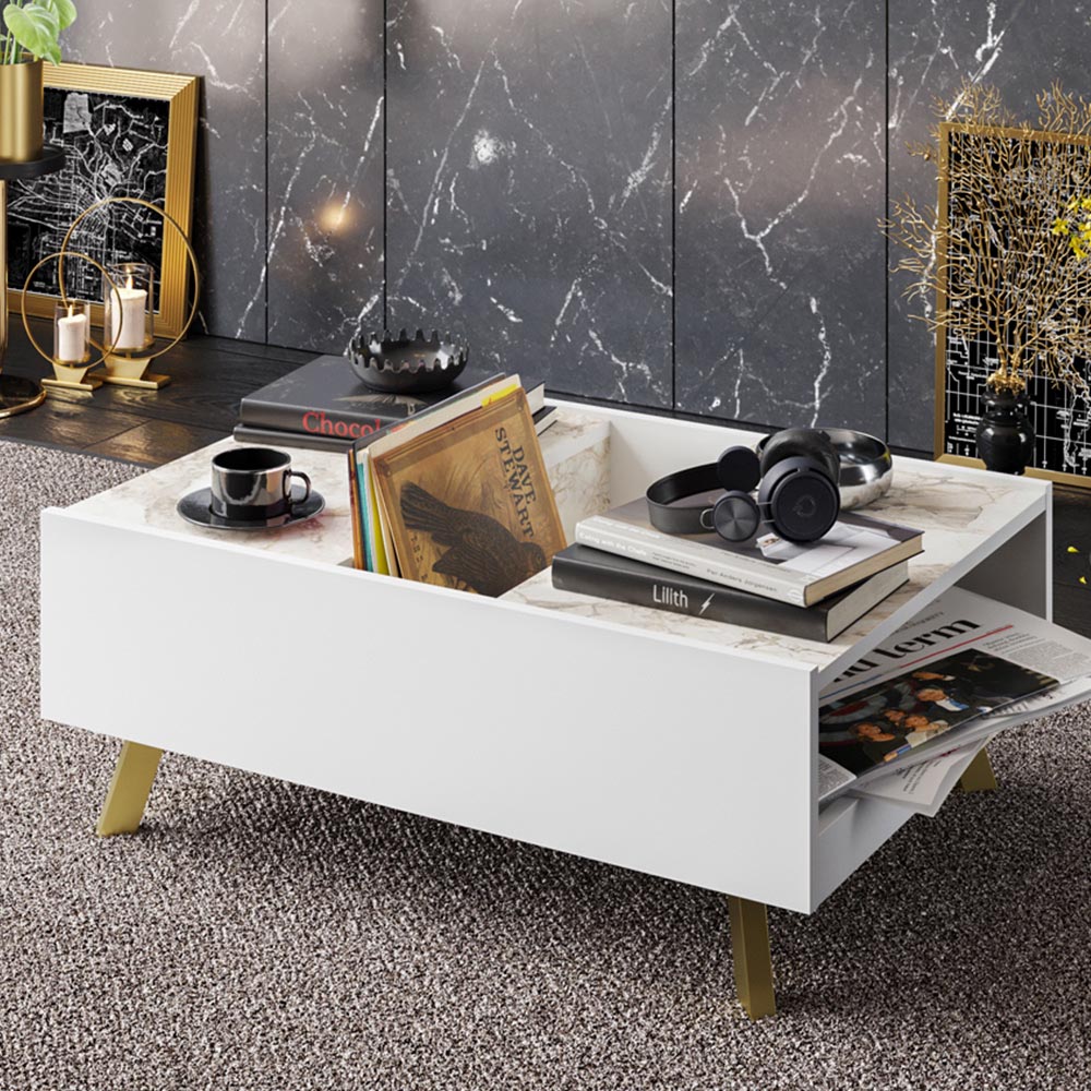 Decorotika Frida 3 Shelf White Marble and Gold Modern Coffee Table
