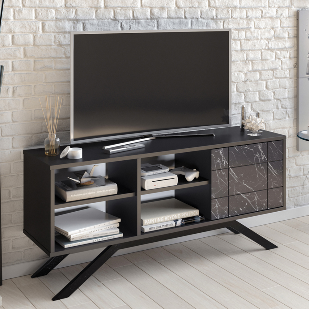 Decorotika North Single Door 4 Shelf Black Marble Effect TV Unit