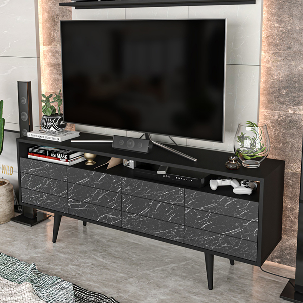 Decorotika Ola Single Door Single Shelf Black Marble and Black TV Unit with Wall Shelf