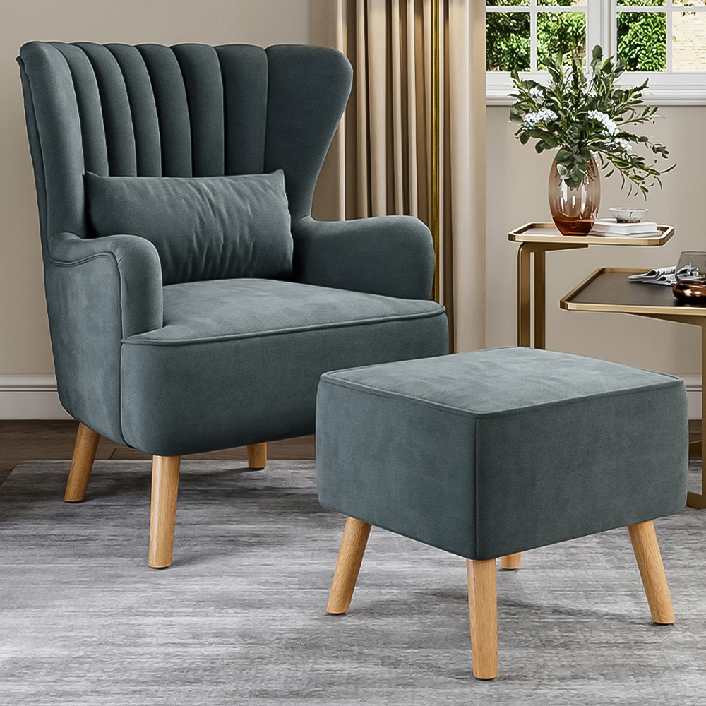 Living and Home Grey Faux Wool Upholstered Armchair and Footstool