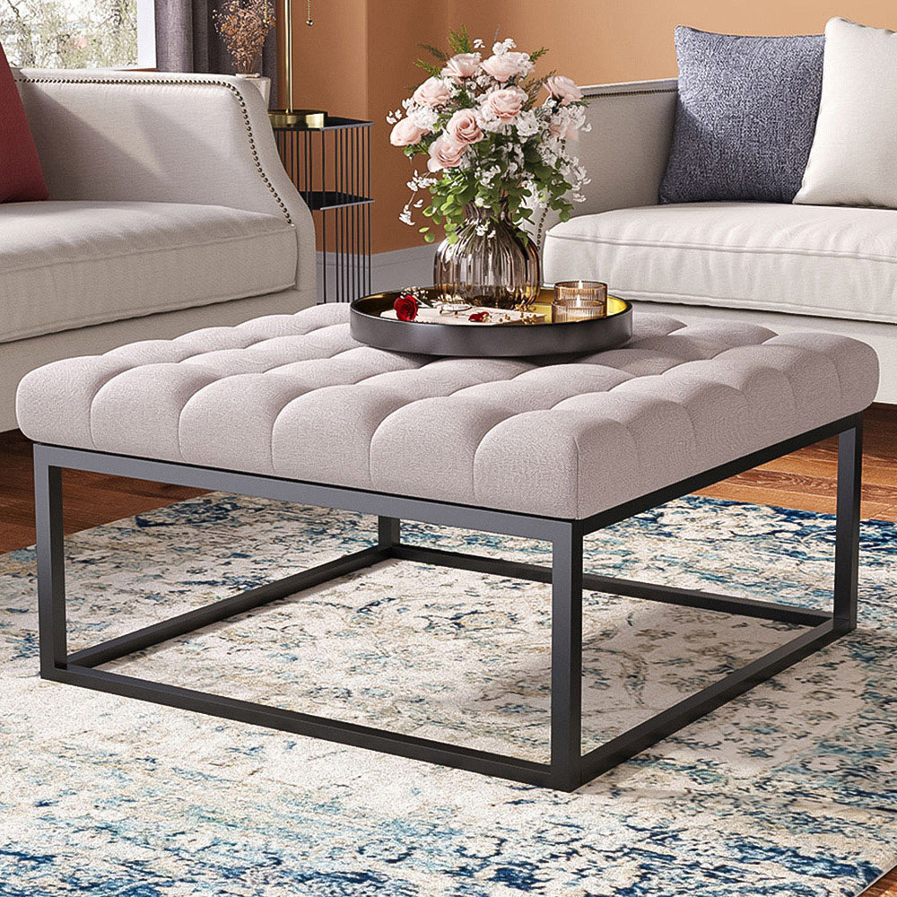 Living and Home Square Linen Fabric Footstool with Metal Frame