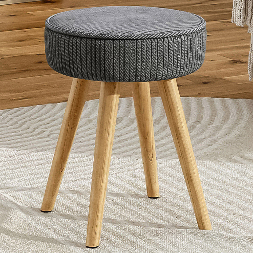 Living and Home Corduroy Round Footstool with Wooden Legs