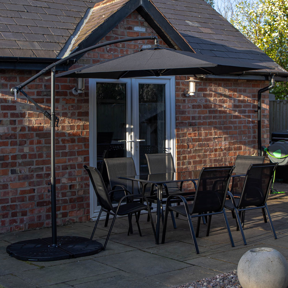 Samuel Alexander 6 Seater Garden Dining Table with Black Banana Parasol and Base 3m