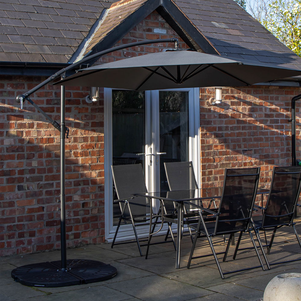 Samuel Alexander 4 Seater Garden Dining Table Grey Banana Parasol and Base 3m