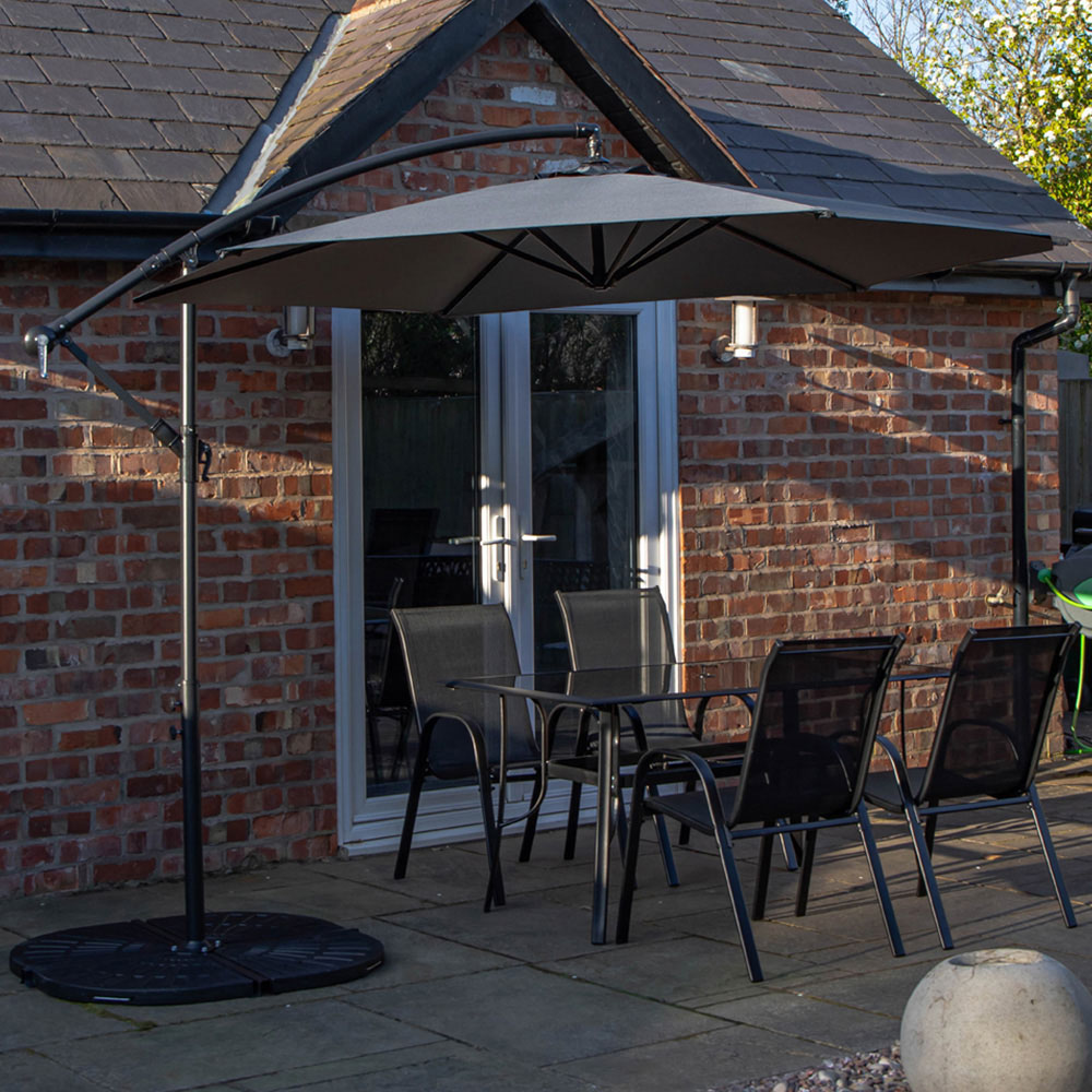 Samuel Alexander 4 Seater Glass Top Garden Dining Table with Grey Banana Parasol and Base 3m