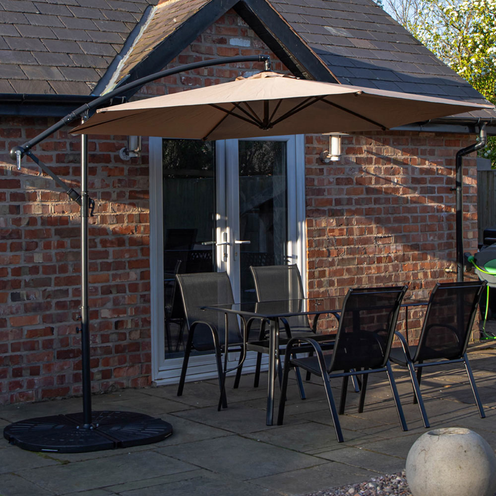Samuel Alexander 4 Seater Glass Top Garden Dining Table with Beige Banana Parasol and Base 3m