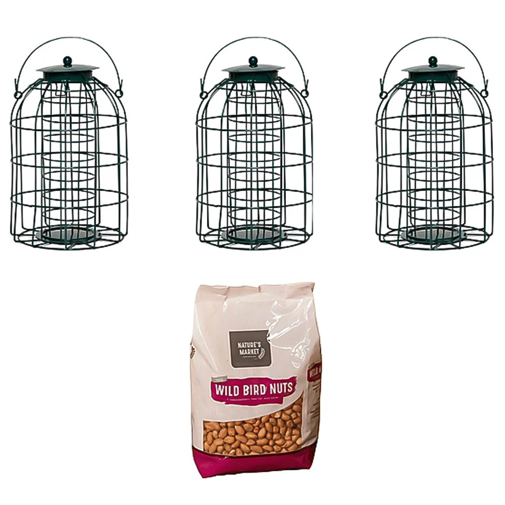 Samuel Alexander Metal Hanging Bird Nut Feeder with Squirrel Guard 3 Pack and 1kg Nut Feed