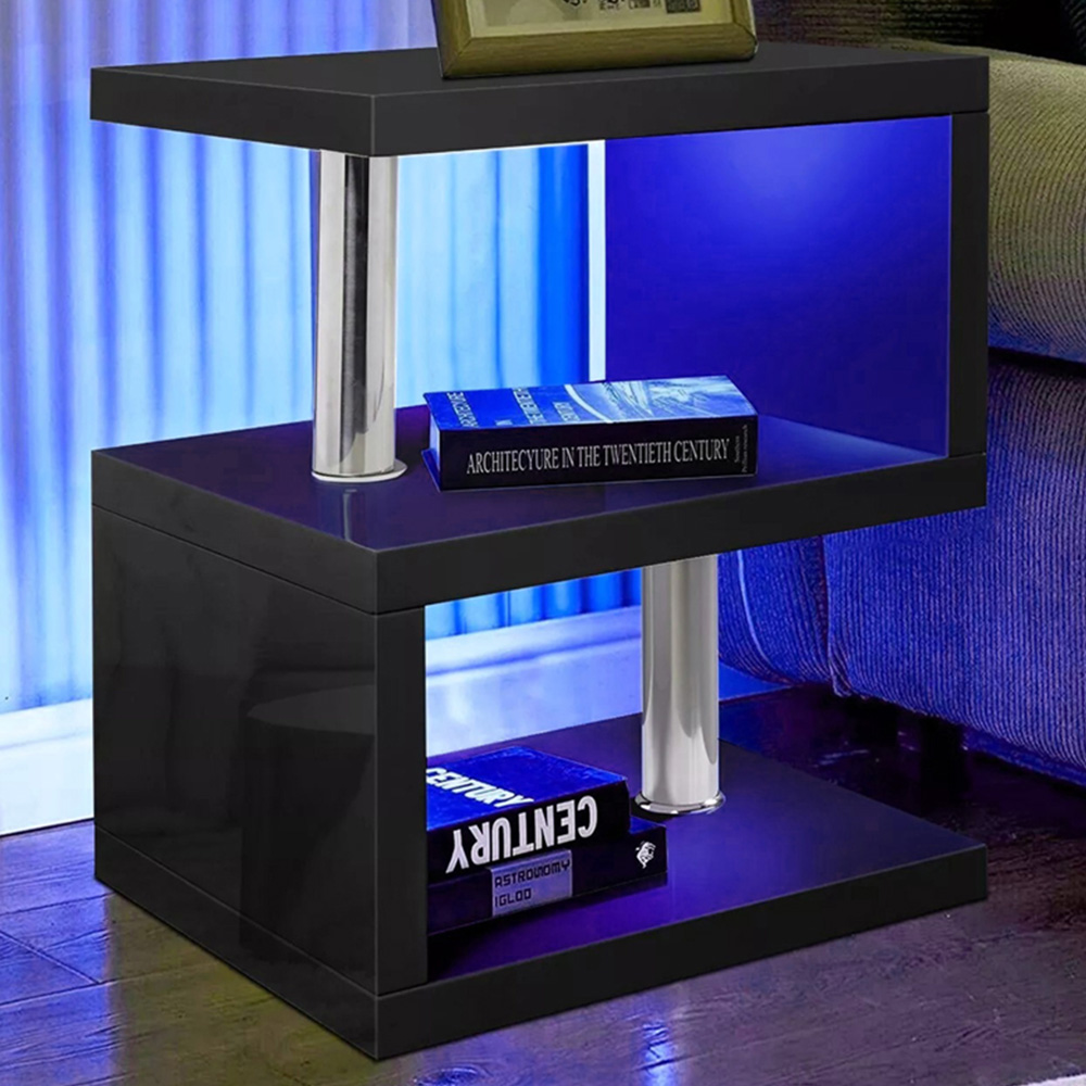 Comfy Living 2 Shelf Black High Gloss Abstract LED Side Table