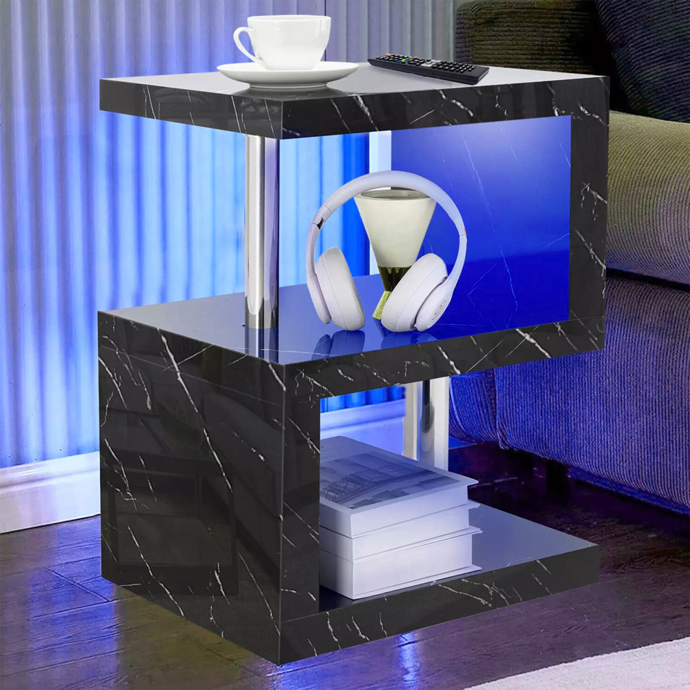 Comfy Living 2 Shelf Black Marble Effect High Gloss Abstract LED Side Table