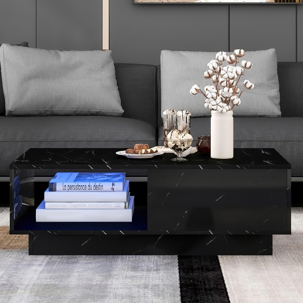 Comfy Living Single Shelf Single Drawer Black Marble Effect High Gloss LED Coffee Table