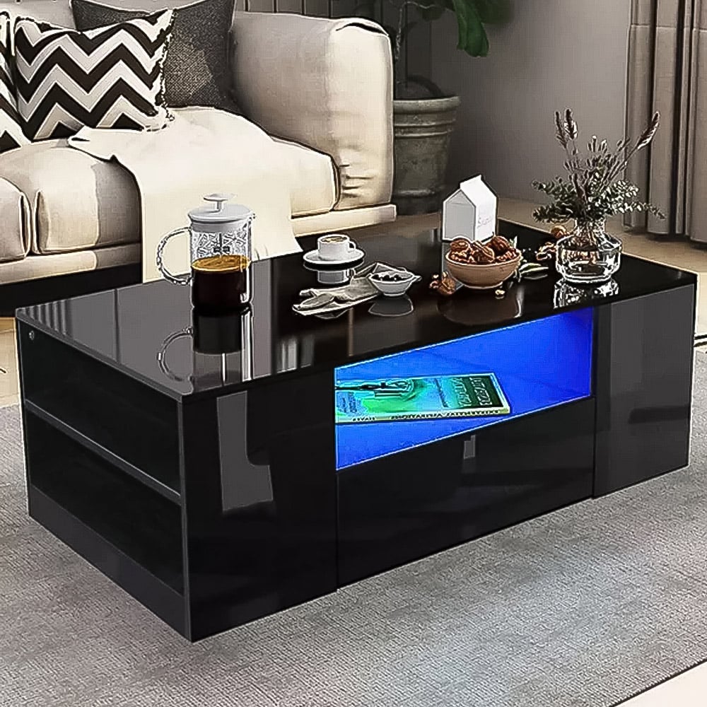 Comfy Living 5 Shelf 2 Drawer Black High Gloss LED Coffee Table