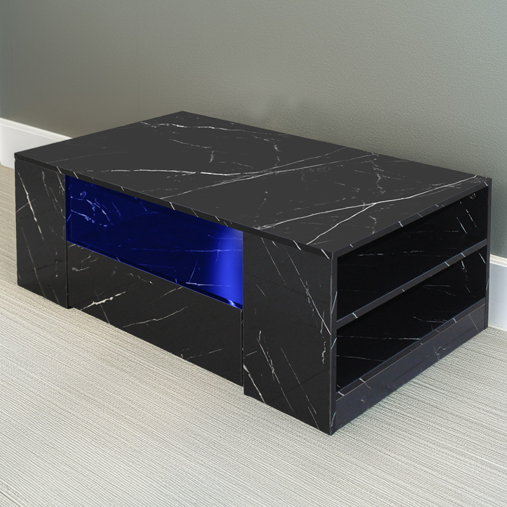 Comfy Living 5 Shelf 2 Drawer Black Marble Effect High Gloss LED Coffee Table