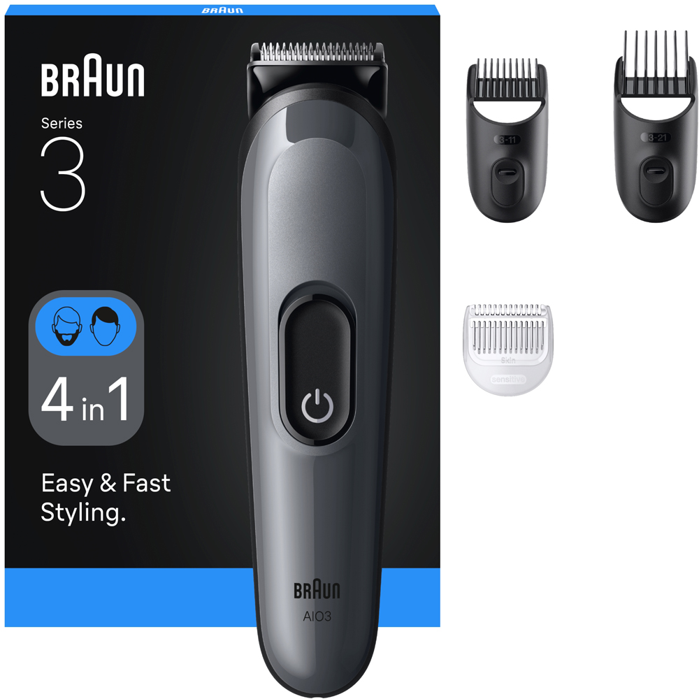 Braun All-in-One Series 3 AIO3500 4-in-1 For Men Grey Sharp Blade Grooming Kit with 14 Lengths