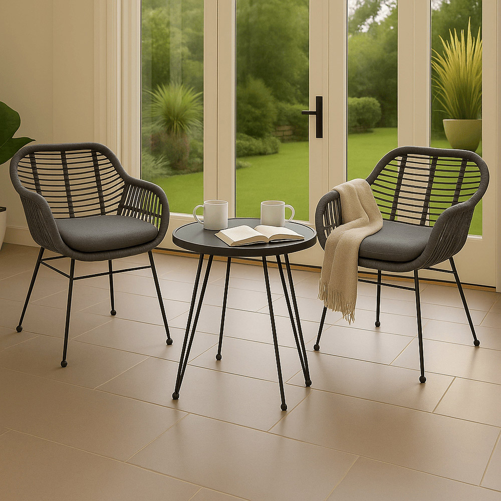 Home Republic Malibu 2 Seater Grey Rope Weave Garden Bistro Set with Cushion