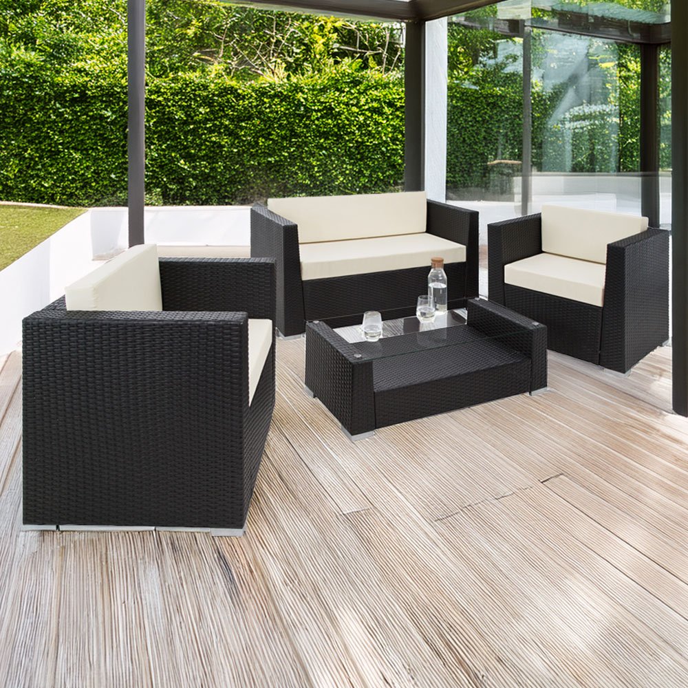 tectake Munich 4 Seater Black Garden Lounge Set with 2 Cushion Cover Set