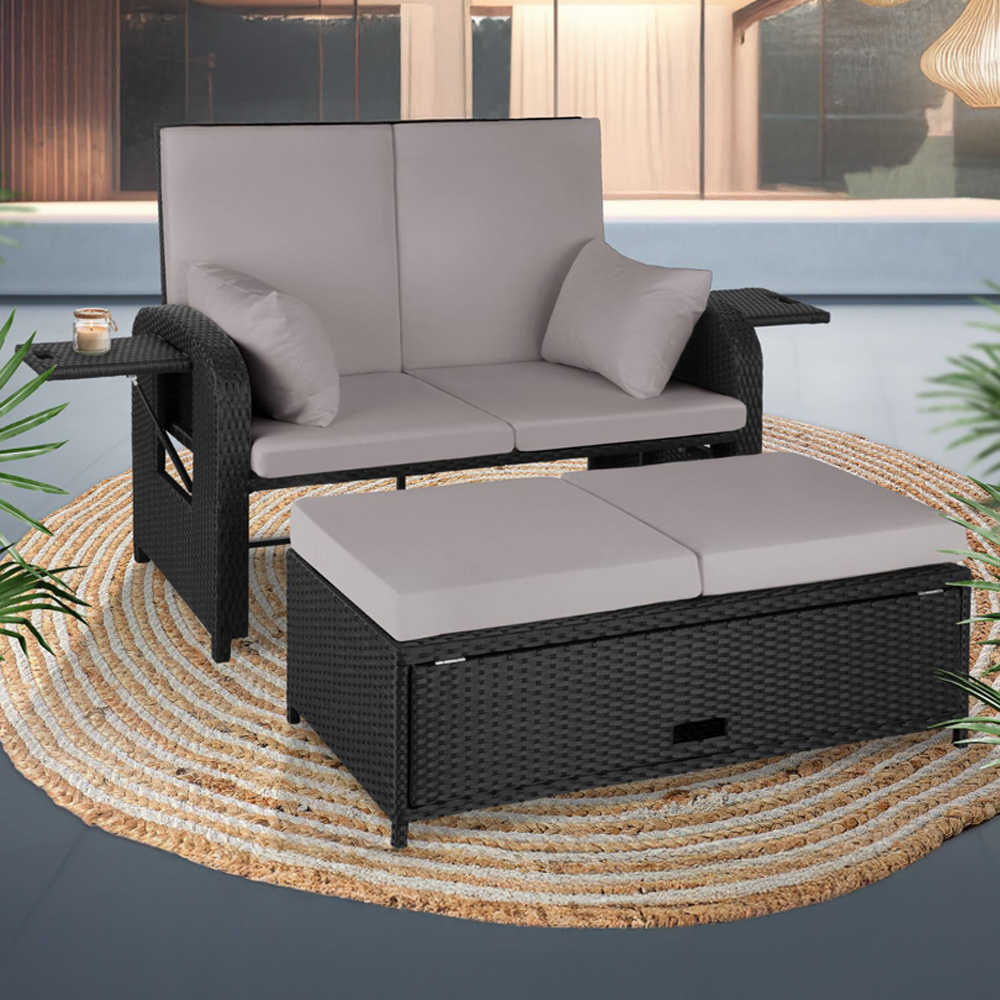 tectake Crete 2 Seater Black and Grey Reclining Garden Sofa