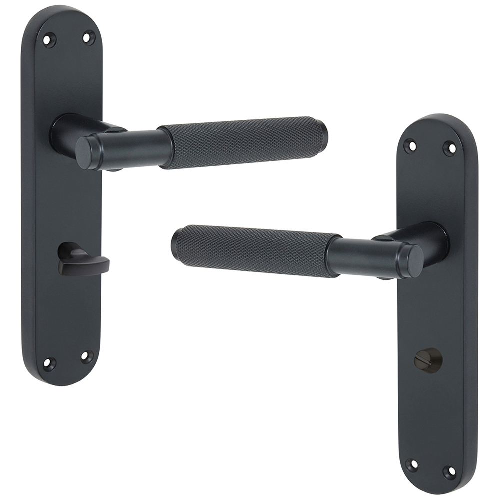 Spira Brass Connaught Matt Black Knurled Lever Door Handle with Privacy Backplate 2 Pack