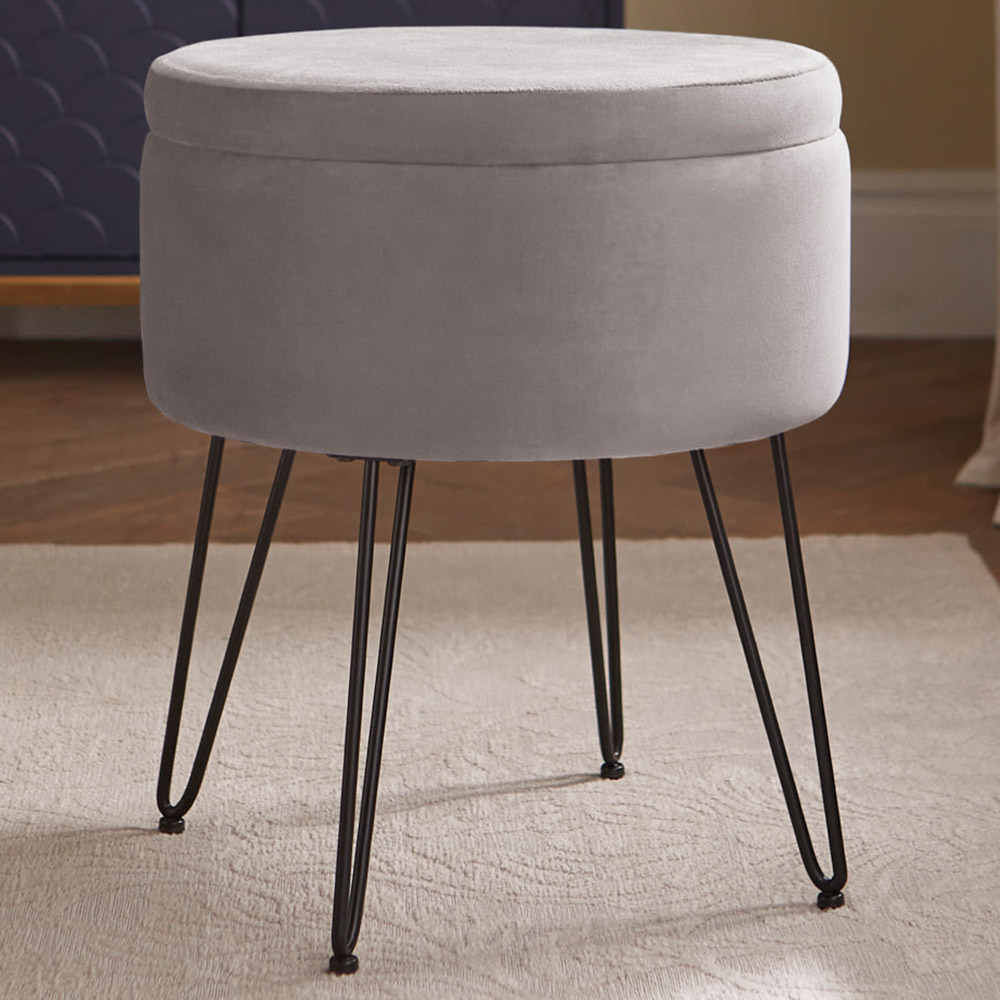 GFW Avery Grey Velvet Storage Stool - Footrest Ottoman with Concealed Storage