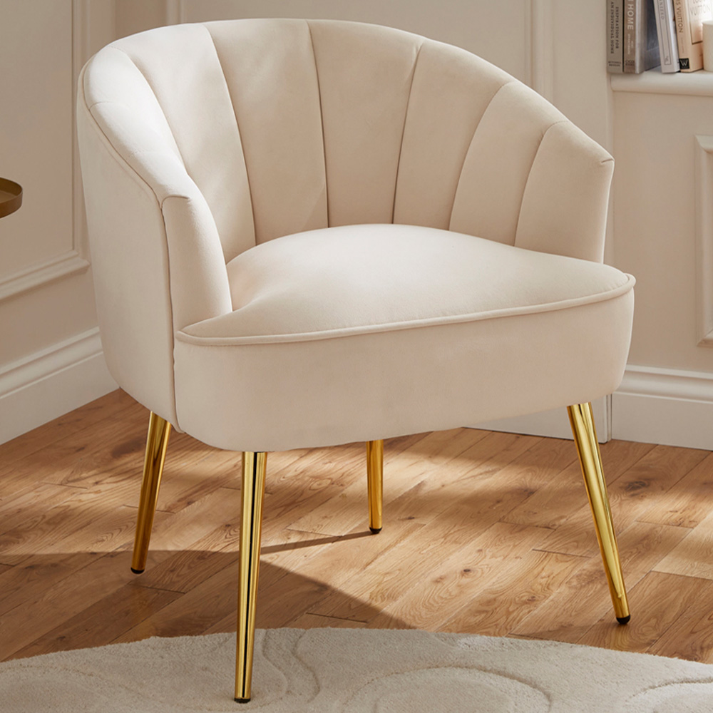 GFW Pettine Natural Velvet Scallop Accent Chair - Cream Velvet Upholstery - Gold Tapered Legs