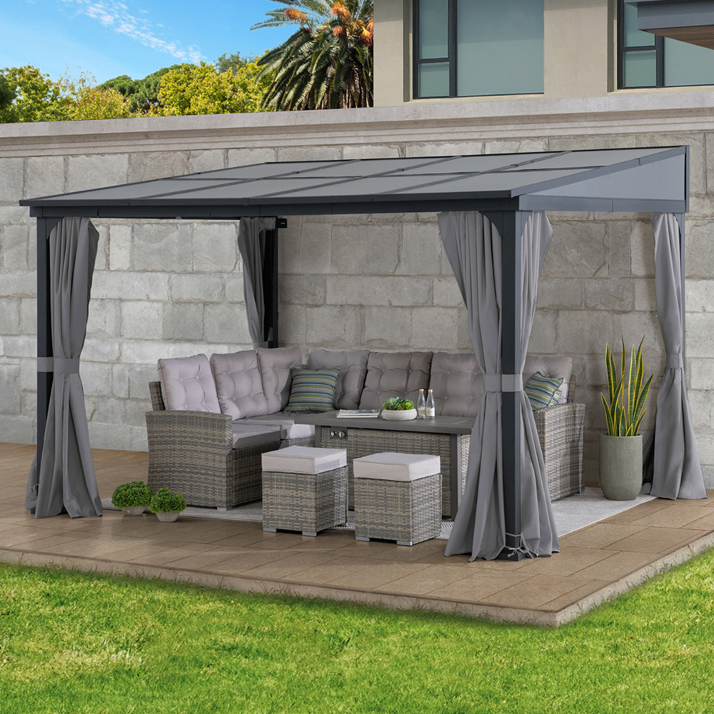 Sunjoy 3.6 x 3m Wall Mounted Lean to Gazebo with Grey Curtain and Netting
