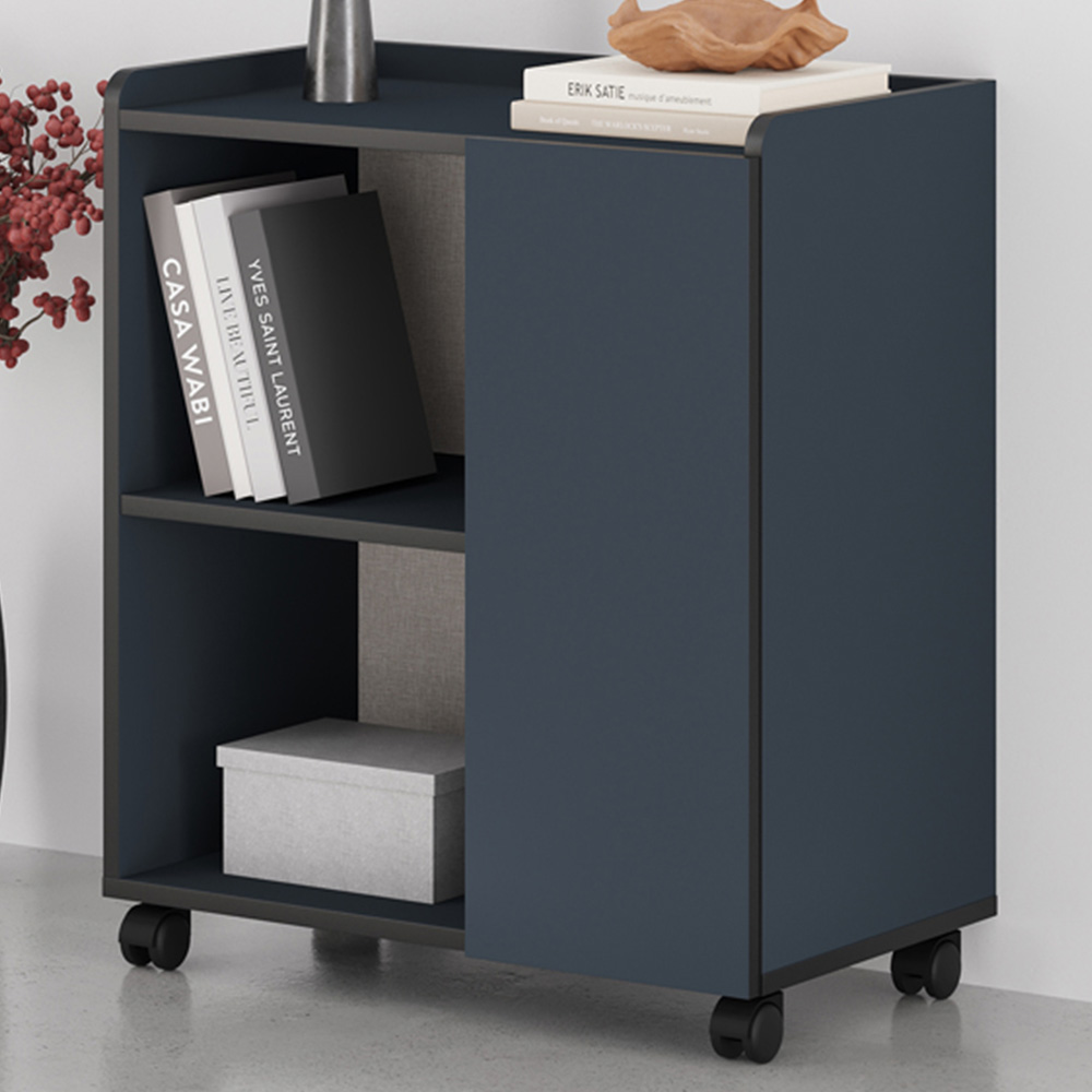 Decortie Zeo Single Door 2 Shelf Deep Blue and Black Bute Mobile Storage Unit with Castors